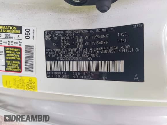 2016 Toyota Sienna L with VIN 5TDZK3DC6GS731823, listed as a IAAI auction lot 42969814 with 173,921 mi miles and . Bid and sale history available at DreamBid. Image 9.