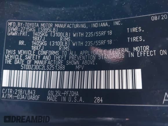 2020 Toyota Sienna XLE z VIN 5TDDZ3DC2LS251388, wystawiony jako IAAI lot #41193440 z przebiegiem 100 665 mil mil oraz . Historia ofert i sprzedaży dostępna na DreamBid. Obrazek 9.