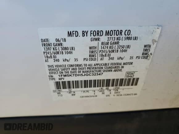 2018 Ford Explorer XLT z VIN 1FM5K7DH5JGC32347, wystawiony jako Copart lot #81644475 z przebiegiem 66 961 mil mil oraz Czysty tytuł • Clean title. Historia ofert i sprzedaży dostępna na DreamBid. Obrazek 13.