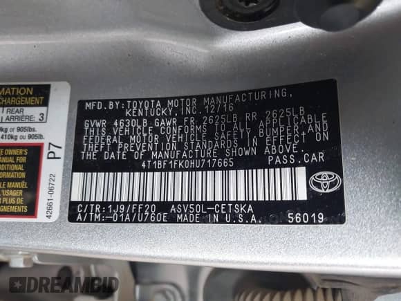 2017 Toyota Camry LE with VIN 4T1BF1FK0HU717665, listed as a IAAI auction lot 43187067 with 119,220 mi miles and . Bid and sale history available at DreamBid. Image 9.