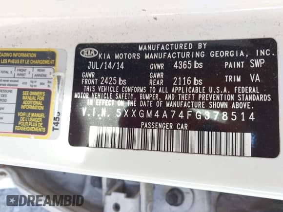 2015 Kia Optima LX with VIN 5XXGM4A74FG378514, listed as a IAAI auction lot 43412721 with 179,923 mi miles and . Bid and sale history available at DreamBid. Image 9.