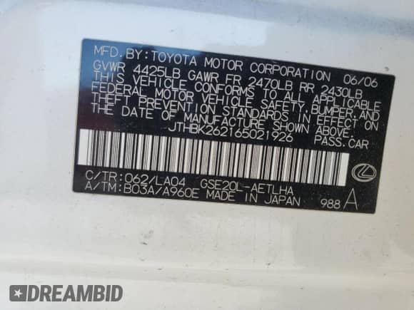 2006 Lexus IS 250 z VIN JTHBK262165021926, wystawiony jako Copart lot #84031515 z przebiegiem 171 140 mil mil oraz Szkoda całkowita • Salvage title. Historia ofert i sprzedaży dostępna na DreamBid. Obrazek 12.