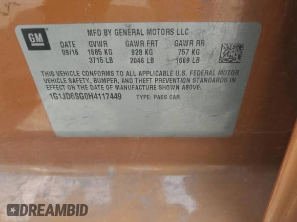 2017 Chevrolet Sonic LT with VIN 1G1JD6SG0H4117449, listed as a IAAI auction lot 42439944 with 63,397 mi miles and . Bid and sale history available at DreamBid. Image 9.