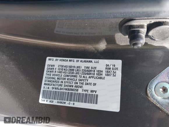 2019 Honda Odyssey EX-L с VIN 5FNRL6H74KB098358, выставлен на аукционе IAAI как лот 43283581 с пробегом 62 604 миль миль и . История ставок и продаж доступна на DreamBid. Изображение 9.