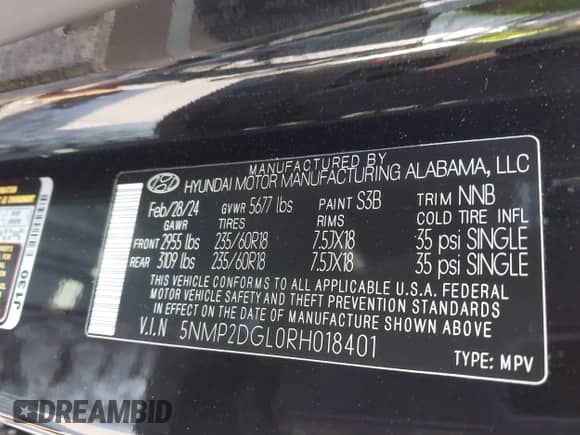 2024 Hyundai Santa Fe SEL with VIN 5NMP2DGL0RH018401, listed as a IAAI auction lot 42783524 with 15,814 mi miles and . Bid and sale history available at DreamBid. Image 9.