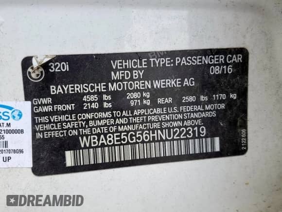 2017 BMW 3 Series 320i xDrive с VIN WBA8E5G56HNU22319, выставлен на аукционе Copart как лот 82106725 с пробегом Не указан миль и Чистый • Clean title. История ставок и продаж доступна на DreamBid. Изображение 12.