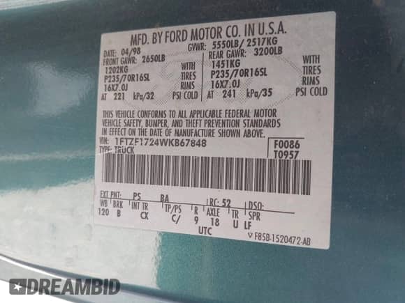 1998 Ford F-150 с VIN 1FTZF1724WKB67848, выставлен на аукционе IAAI как лот 42887563 с пробегом 162 545 миль миль и . История ставок и продаж доступна на DreamBid. Изображение 9.