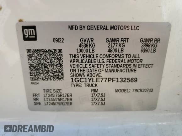 2023 Chevrolet Silverado 2500HD Work Truck with VIN 1GC1YLE77PF132569, listed as a Copart auction lot 59004684 with Not provided miles and Salvage title. Bid and sale history available at DreamBid. Image 12.