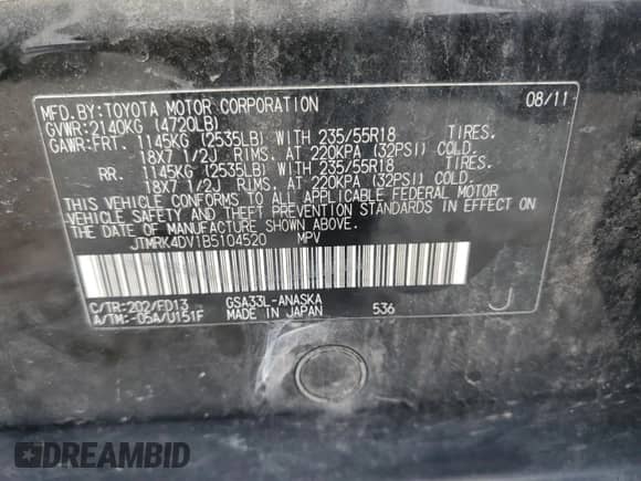 2011 Toyota RAV4 Sport with VIN JTMRK4DV1B5104520, listed as a Copart auction lot 82456395 with 154,922 mi miles and Salvage title. Bid and sale history available at DreamBid. Image 13.