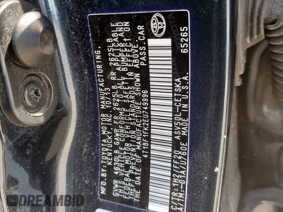 2014 Toyota Camry L с VIN 4T1BF1FK2EU749996, выставлен на аукционе Copart как лот 82160735 с пробегом 94 799 миль миль и Списание • Salvage title. История ставок и продаж доступна на DreamBid. Изображение 13.