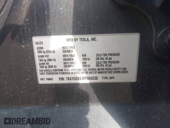 2023 Tesla Model Y Long Range with VIN 7SAYGDEE3PF804236, listed as a IAAI auction lot 42538213 with 78,944 mi miles and . Bid and sale history available at DreamBid. Image 9.