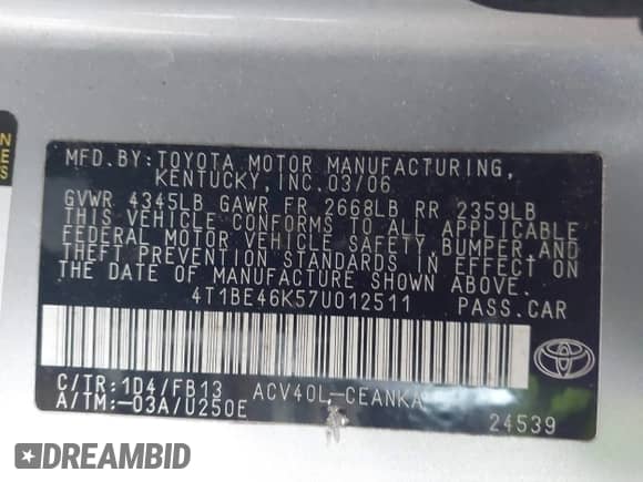 2007 Toyota Camry LE с VIN 4T1BE46K57U012511, выставлен на аукционе IAAI как лот 43557373 с пробегом 123 798 миль миль и . История ставок и продаж доступна на DreamBid. Изображение 9.