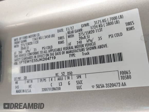 2018 Ford F-150 Lariat with VIN 1FTEW1E55JKD04719, listed as a IAAI auction lot 42972365 with 240,132 mi miles and . Bid and sale history available at DreamBid. Image 9.