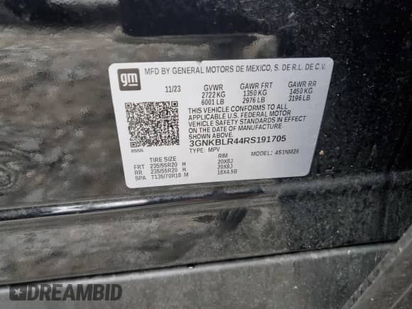 2024 Chevrolet Blazer Premier with VIN 3GNKBLR44RS191705, listed as a Copart auction lot 59868915 with 42,046 mi miles and Salvage title. Bid and sale history available at DreamBid. Image 13.