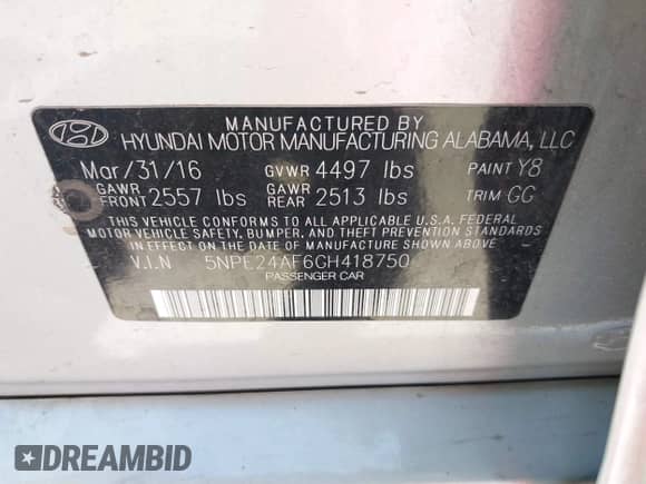 2016 Hyundai Sonata SE with VIN 5NPE24AF6GH418750, listed as a IAAI auction lot 42861968 with 170,680 mi miles and . Bid and sale history available at DreamBid. Image 9.