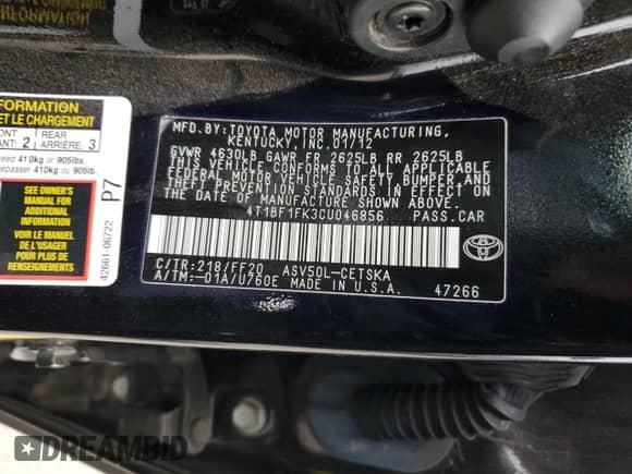 2012 Toyota Camry SE z VIN 4T1BF1FK3CU046856, wystawiony jako Copart lot #86598605 z przebiegiem 69 681 mil mil oraz Szkoda całkowita • Salvage title. Historia ofert i sprzedaży dostępna na DreamBid. Obrazek 13.