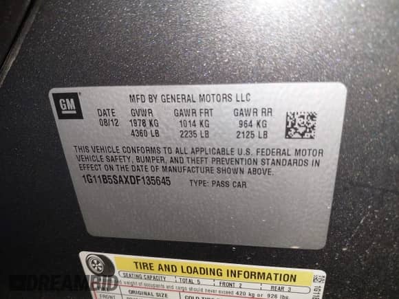 2013 Chevrolet Malibu LS with VIN 1G11B5SAXDF135645, listed as a IAAI auction lot 43378898 with 163,222 mi miles and . Bid and sale history available at DreamBid. Image 9.