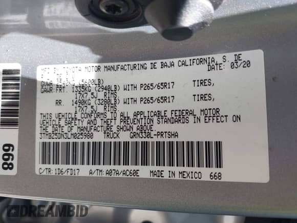 2020 Toyota Tacoma SR5 z VIN 3TMBZ5DN3LM025980, wystawiony jako IAAI lot #42215140 z przebiegiem 67 414 mil mil oraz . Historia ofert i sprzedaży dostępna na DreamBid. Obrazek 9.