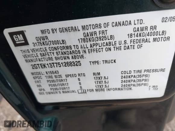2005 GMC Sierra 1500 SLE with VIN 2GTEK13T751268325, listed as a IAAI auction lot 42517005 with 159,271 mi miles and . Bid and sale history available at DreamBid. Image 9.
