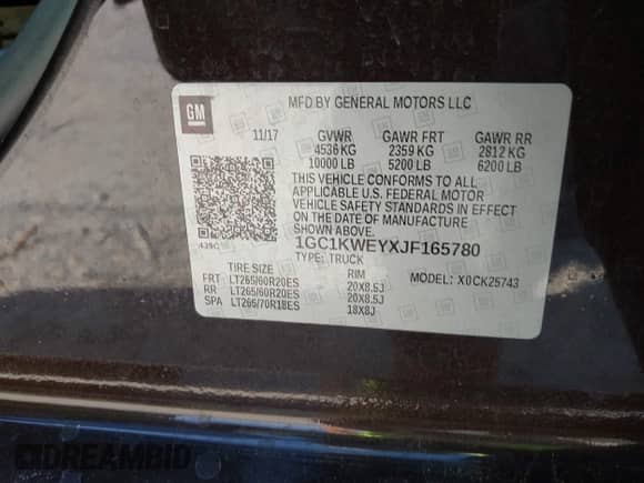 2018 Chevrolet Silverado 2500HD LTZ with VIN 1GC1KWEYXJF165780, listed as a IAAI auction lot 43223310 with 111,028 mi miles and . Bid and sale history available at DreamBid. Image 9.