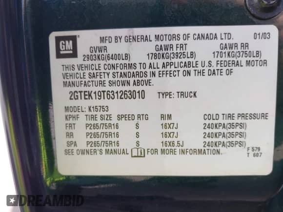 2003 GMC Sierra 1500 SLT с VIN 2GTEK19T631263010, выставлен на аукционе IAAI как лот 41846675 с пробегом 106 119 миль миль и . История ставок и продаж доступна на DreamBid. Изображение 9.