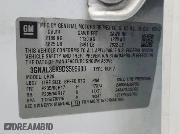 2013 Chevrolet Captiva Sport LT with VIN 3GNAL3EK9DS595900, listed as a Copart auction lot 69767424 with Not provided miles and Salvage title. Bid and sale history available at DreamBid. Image 13.