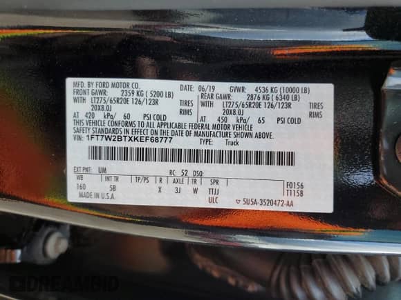 2019 Ford F-250 XL with VIN 1FT7W2BTXKEF68777, listed as a Copart auction lot 71461614 with 58,342 mi miles and Salvage title. Bid and sale history available at DreamBid. Image 12.