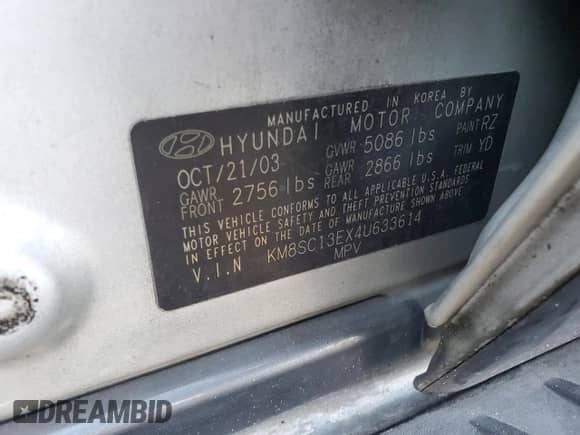 2004 Hyundai Santa Fe GLS с VIN KM8SC13EX4U633614, выставлен на аукционе Copart как лот 78379484 с пробегом Не указан миль и Списание • Salvage title. История ставок и продаж доступна на DreamBid. Изображение 13.