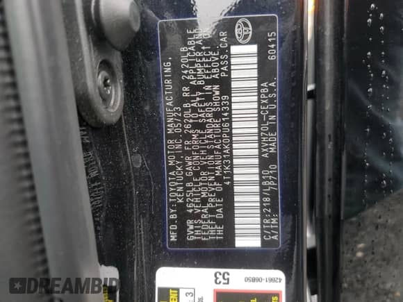 2023 Toyota Camry Hybrid XSE с VIN 4T1K31AK0PU614339, выставлен на аукционе Copart как лот 68635715 с пробегом 87 939 миль миль и Списание • Salvage title. История ставок и продаж доступна на DreamBid. Изображение 12.