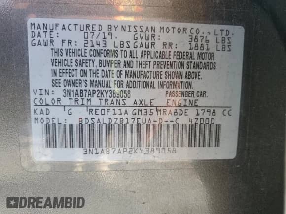 2019 Nissan Sentra SV with VIN 3N1AB7AP2KY389058, listed as a Copart auction lot 87257985 with 153,497 mi miles and Salvage title. Bid and sale history available at DreamBid. Image 12.