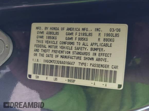 2006 Honda Accord LX with VIN 1HGCM72326A016447, listed as a IAAI auction lot 42555458 with 219,594 mi miles and . Bid and sale history available at DreamBid. Image 9.