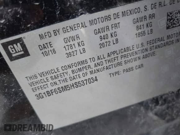 2017 Chevrolet Cruze Premier с VIN 3G1BF6SM5HS537034, выставлен на аукционе IAAI как лот 43110568 с пробегом 103 913 миль миль и . История ставок и продаж доступна на DreamBid. Изображение 9.