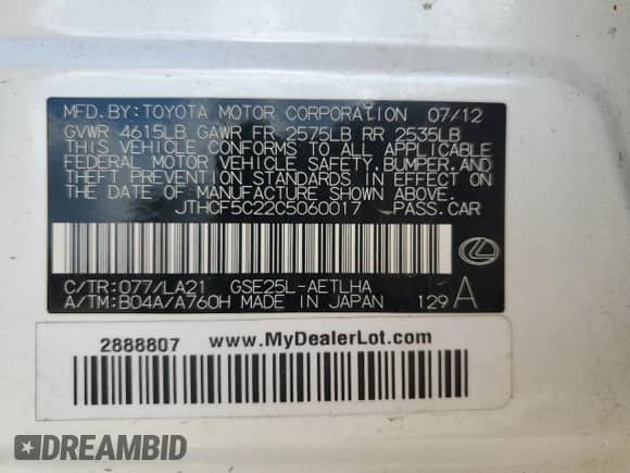 2012 Lexus IS 250 z VIN JTHCF5C22C5060017, wystawiony jako Copart lot #69809215 z przebiegiem 150 225 mil mil oraz Szkoda całkowita • Salvage title. Historia ofert i sprzedaży dostępna na DreamBid. Obrazek 12.