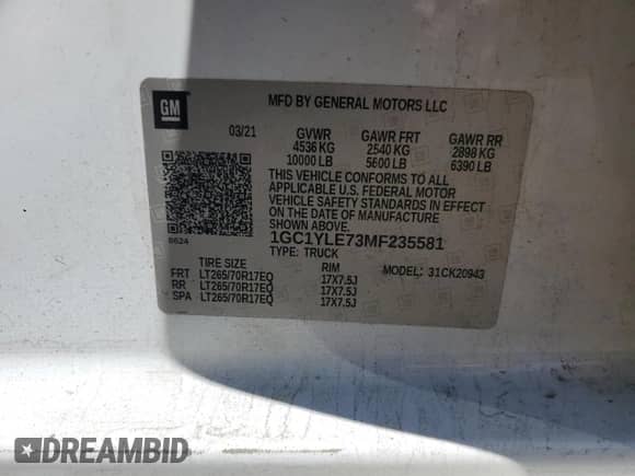 2021 Chevrolet Silverado 2500HD Work Truck с VIN 1GC1YLE73MF235581, выставлен на аукционе Copart как лот 49071235 с пробегом 160 835 миль миль и Списание • Salvage title. История ставок и продаж доступна на DreamBid. Изображение 12.