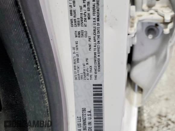 2022 Ram 1500 Big Horn z VIN 1C6RREBG9NN272780, wystawiony jako Copart lot #68863085 z przebiegiem 59 625 mil mil oraz Czysty tytuł • Clean title. Historia ofert i sprzedaży dostępna na DreamBid. Obrazek 12.