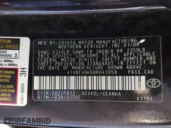 2008 Toyota Camry LE with VIN 4T4BE46K88R042058, listed as a IAAI auction lot 43052267 with 251,826 mi miles and . Bid and sale history available at DreamBid. Image 9.