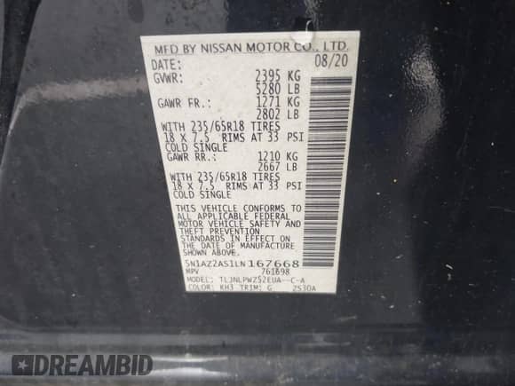 2020 Nissan Murano S with VIN 5N1AZ2AS1LN167668, listed as a IAAI auction lot 42302336 with 63,134 mi miles and . Bid and sale history available at DreamBid. Image 9.