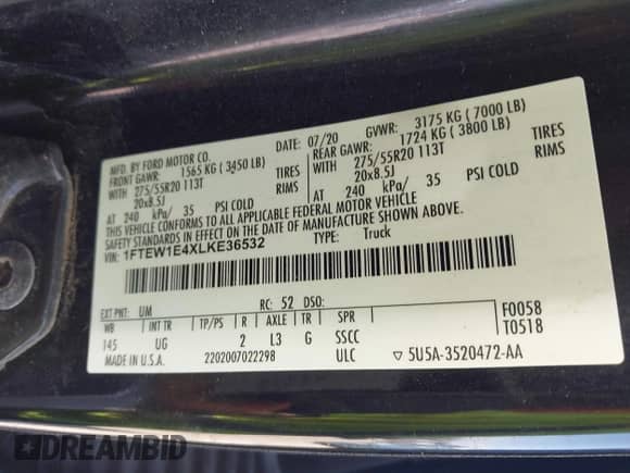 2020 Ford F-150 XL z VIN 1FTEW1E4XLKE36532, wystawiony jako IAAI lot #43313784 z przebiegiem Nie podano mil oraz . Historia ofert i sprzedaży dostępna na DreamBid. Obrazek 9.