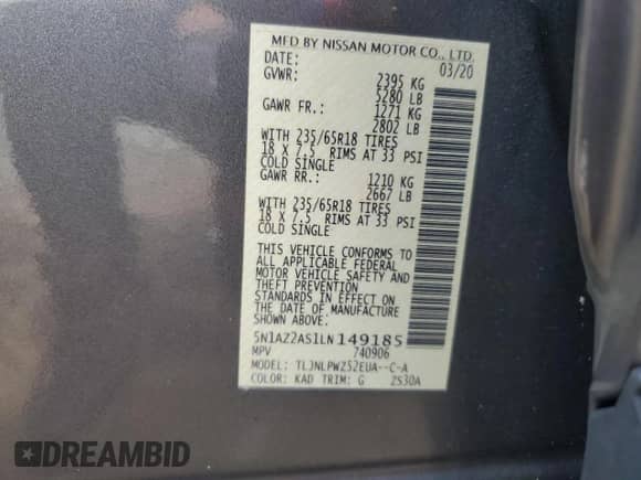2020 Nissan Murano S with VIN 5N1AZ2AS1LN149185, listed as a Copart auction lot 64968165 with 109,290 mi miles and Non repairable. Bid and sale history available at DreamBid. Image 13.