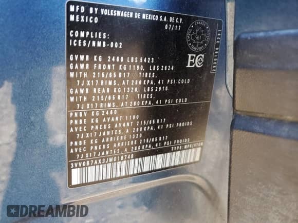 2018 Volkswagen Tiguan S с VIN 3VV0B7AX3JM018748, выставлен на аукционе Copart как лот 81762955 с пробегом 276 367 миль миль и Чистый • Clean title. История ставок и продаж доступна на DreamBid. Изображение 13.