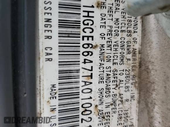 1996 Honda Accord with VIN 1HGCE6647TA010021, listed as a Copart auction lot 86294974 with 162,400 mi miles and Salvage title. Bid and sale history available at DreamBid. Image 12.