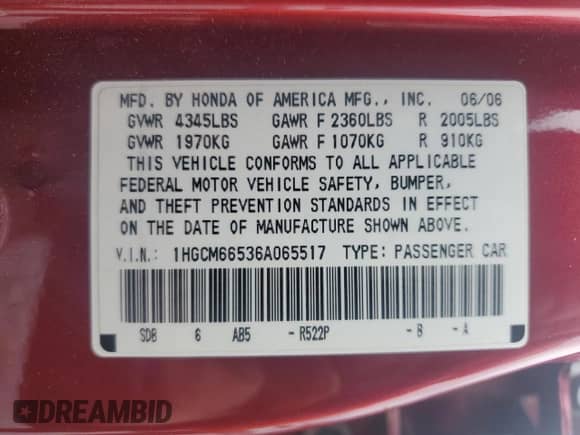 2006 Honda Accord EX-L z VIN 1HGCM66536A065517, wystawiony jako Copart lot #85687795 z przebiegiem 239 721 mil mil oraz Czysty tytuł • Clean title. Historia ofert i sprzedaży dostępna na DreamBid. Obrazek 12.
