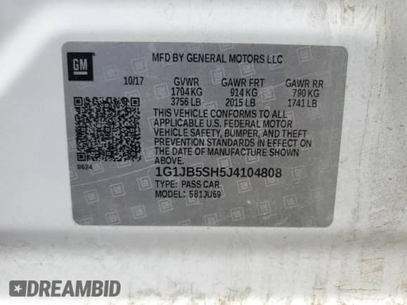2018 Chevrolet Sonic LS with VIN 1G1JB5SH5J4104808, listed as a Copart auction lot 54892665 with 53,746 mi miles and Salvage title. Bid and sale history available at DreamBid. Image 14.