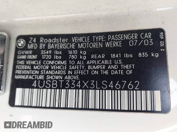 2003 BMW Z4 2.5i with VIN 4USBT334X3LS46762, listed as a IAAI auction lot 42174982 with 117,692 mi miles and . Bid and sale history available at DreamBid. Image 9.
