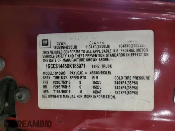 1999 Chevrolet S-10 LS with VIN 1GCCS1445XK183971, listed as a Copart auction lot 45885775 with Not provided miles and Salvage title. Bid and sale history available at DreamBid. Image 12.