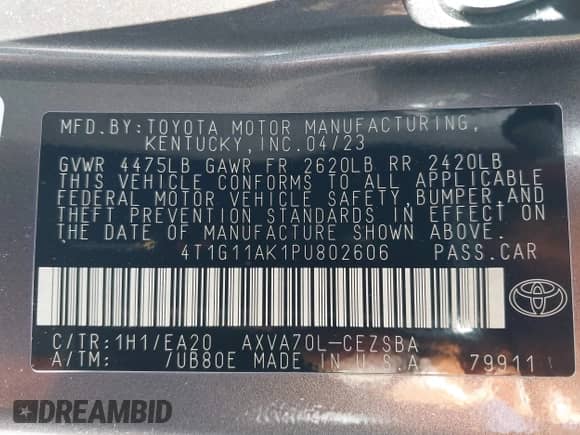 2023 Toyota Camry SE с VIN 4T1G11AK1PU802606, выставлен на аукционе IAAI как лот 42382696 с пробегом 16 249 миль миль и . История ставок и продаж доступна на DreamBid. Изображение 9.