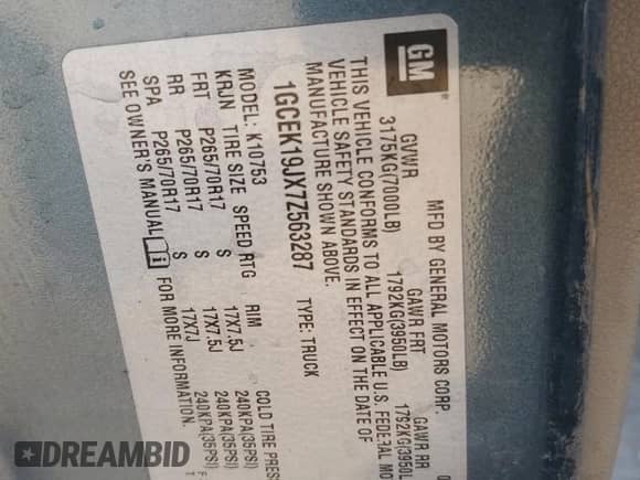 2007 Chevrolet Silverado 1500 Work Truck с VIN 1GCEK19JX7Z563287, выставлен на аукционе Copart как лот 89181225 с пробегом 201 477 миль миль и Списание • Salvage title. История ставок и продаж доступна на DreamBid. Изображение 12.