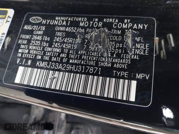 2017 Hyundai Tucson Sport с VIN KM8J33A29HU317871, выставлен на аукционе IAAI как лот 42891066 с пробегом 112 900 миль миль и . История ставок и продаж доступна на DreamBid. Изображение 9.