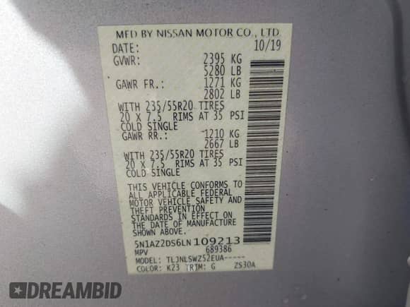 2020 Nissan Murano Platinum with VIN 5N1AZ2DS6LN109213, listed as a IAAI auction lot 43064925 with 63,844 mi miles and . Bid and sale history available at DreamBid. Image 9.