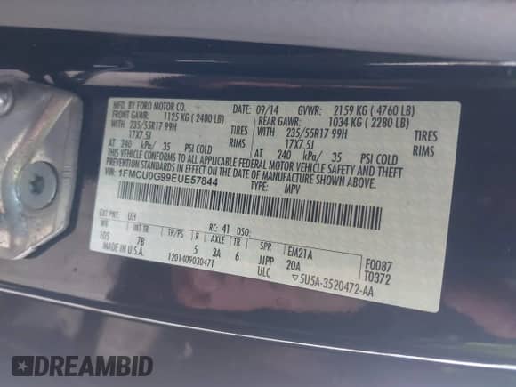 2014 Ford Escape SE with VIN 1FMCU0G99EUE57844, listed as a IAAI auction lot 43369259 with 164,059 mi miles and . Bid and sale history available at DreamBid. Image 9.